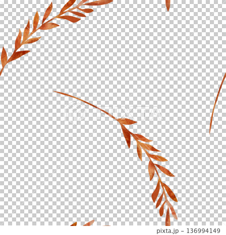 Seamless pattern with watercolor dry golden yellow twigs and leaves. Natural autumn motif on white background, hand-drawn. For fabric design, packaging for eco-products, bakery, interior decor Seamless pattern with watercolor dry golden yellow twigs and leaves. Natural autumn motif on white background, hand-drawn. For fabric design, packaging for eco-products, bakery, interior decor 136994149