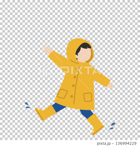 カッパと長靴で元気に歩く子供 136994229
