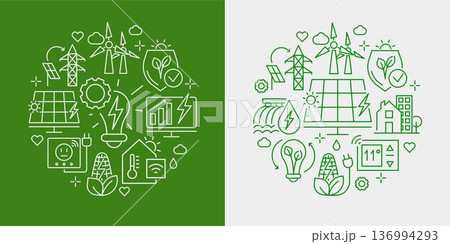 Circular Minimal Composition of Eco Linear Icons, Sustainable Energy Concept Round Layout with Renewable Technology Symbols in a Vector Illustration 136994293