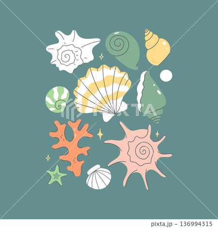 A set of seashells on a green background. Vector graphics. 136994315