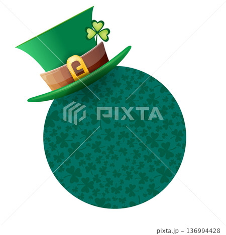 St. Patricks Day round green banner with leprechaun hat and shamrock pattern, isolated circular frame on white background. Round banner with a shamrock, poster, social media post layout, quiz backdrop 136994428