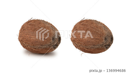 Whole coconut, one coco nut isolated, single fresh tropical palm fruit, natural milk, oil ingredient 136994686