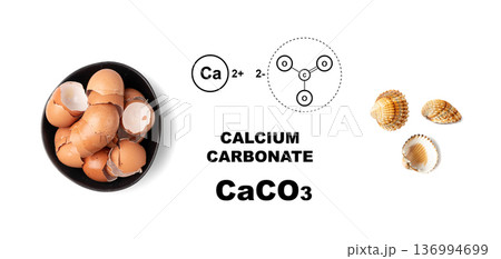 Broken egg shell in bowl as calcium carbonate, crushed eggshell, CaCO3 supplement Broken egg shell in bowl as calcium carbonate, crushed eggshell, CaCO3 supplement 136994699
