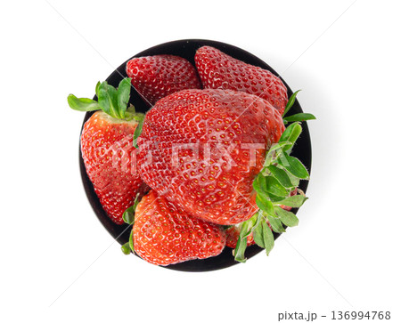 Fresh strawberry isolated, whole ripe straw berry, red juicy imperfect strawberri with green leaves 136994768