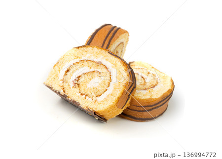 Swiss Roll, Round Sponge Cake Isolated, Sliced Rolled Vanilla Biscuit with Jam Filling 136994772