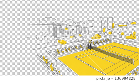 Tennis court spectator seats and surrounding scenery Yellow and green line drawing illustration material 136994829