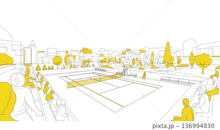 テニスコート観客席と街並み風景 黄色と緑の線画イラスト素材 テニスコート観客席と街並み風景 黄色と緑の線画イラスト素材 136994830