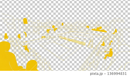 Tennis court spectator seats and city skype Yellow and green line drawing illustration material 136994831