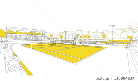 テニスコート観客席と街並み風景 横から見た黄色線画イラスト素材 テニスコート観客席と街並み風景 横から見た黄色線画イラスト素材 136994834