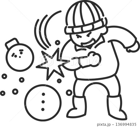 雪だるまを壊す暴力的な小学生男児のイラスト　線画のみ 136994835