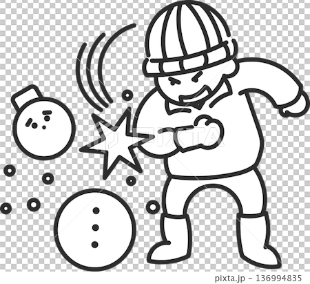 雪だるまを壊す暴力的な小学生男児のイラスト　線画のみ 136994835