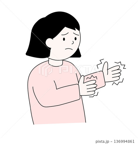 手の震えや痺れに悩む女性のイラスト・健康被害と不安の表情 手の震えや痺れに悩む女性のイラスト・健康被害と不安の表情 136994861