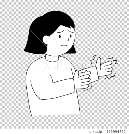 黑白插圖,描繪了一位女性因雙手麻木而感到擔憂——神經和肌肉異常 黑白插圖,描繪了一位女性因雙手麻木而感到擔憂——神經和肌肉異常 136994862