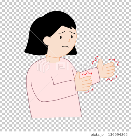 一位女士抱怨雙手顫抖麻木——柔和的插圖,沒有主要線條。 一位女士抱怨雙手顫抖麻木——柔和的插圖,沒有主要線條。 136994863