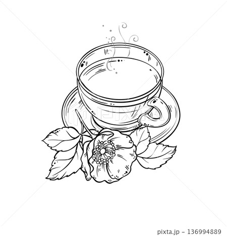 Cup of Wild Rose Tea Outline Illustration. Cup of Wild Rose Tea Outline Illustration. 136994889