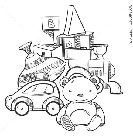 Toy pile. Kid game doodle. Hand drawn icon Toy pile. Kid game doodle. Hand drawn icon 136995039