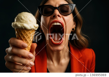 Fashionable Woman In Red Blazer Screaming At A Vanilla Ice Cream Cone 136995069