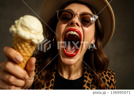Glamorous Woman In Hat And Leopard Print Reacting To Delicious Ice Cream 136995071