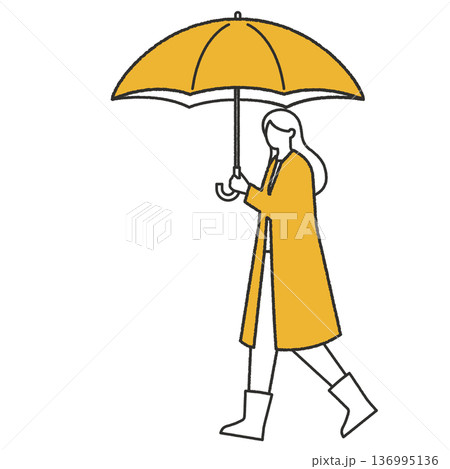 黄色い傘をさす女性の線画イラスト 136995136