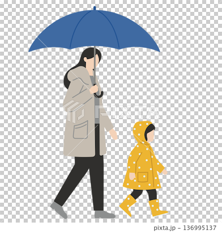 雨の日に並んで歩く親子 136995137