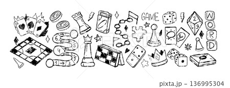Board games doodle crayon icons, chalk checkers, poker, crossword puzzle gambling symbols 136995304