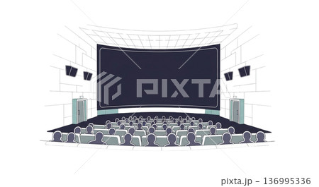 映画館シネマ内装インテリア 大きなスクリーンと観客席 線画イラスト素材 136995336