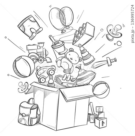 Toy box drawing. Kid game stuff sketch 136995724
