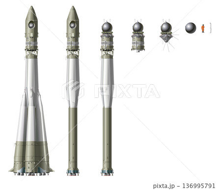 Vector hi-detailed space rocket with first spaceship 136995791