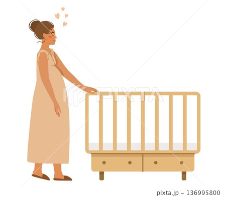 Pregnant young woman stands in the nursery, next to the crib. A beautiful expectant mother. Family-themed vector illustration. 136995800