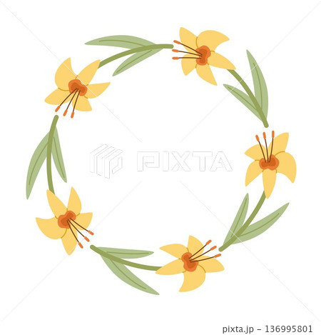 Colorful spring wreath of yellow daffodils. Festive vector illustration in the shape of a circle for creating postcards and invitations. 136995801