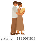 Happy parents with a newborn baby. The mother holds the child in her arms and smiles. Family-themed vector illustration. 136995803
