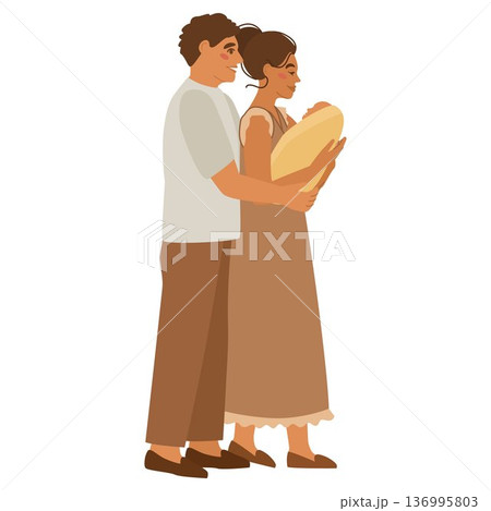 Happy parents with a newborn baby. The mother holds the child in her arms and smiles. Family-themed vector illustration. Happy parents with a newborn baby. The mother holds the child in her arms and smiles. Family-themed vector illustration. 136995803