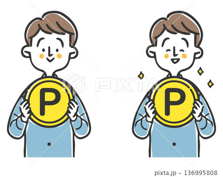 ポイントのコインを持つ男性　上半身　ベクター 136995808