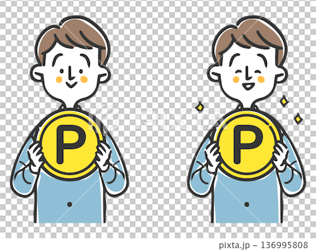 ポイントのコインを持つ男性　上半身　ベクター 136995808