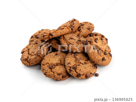 Chocolate chips cookies isolated, American biscuits, cocoa confectionery cake, sweet morsels bakery Chocolate chips cookies isolated, American biscuits, cocoa confectionery cake, sweet morsels bakery 136995825