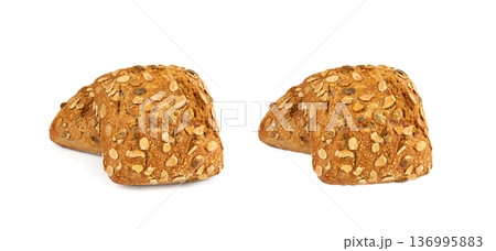 Pumpkin seeds bread isolated, breakfast roll with pepita seeds. Fitness square bun, healthy burger 136995883