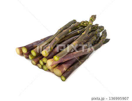 Purple Asparagus Isolated, Raw Garden Vegetables Bunch, Fresh Edible Sprouts of Red Asparagus Officinalis 136995907