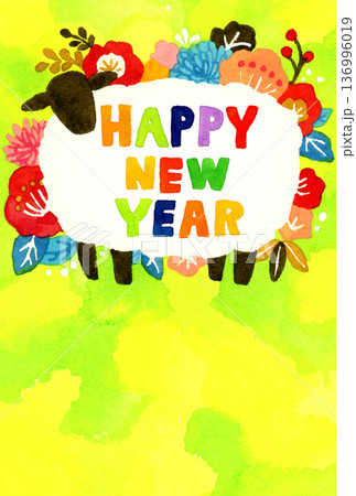 2027年・令和9年　おしゃれな未年年賀状素材（手描き水彩イラスト） 136996019