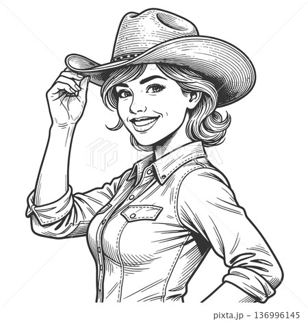 Smiling Cowgirl in Western Hat raster illustration 136996145