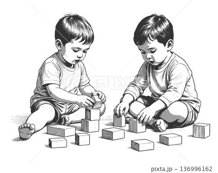Two Toddlers Playing with Wooden Blocks vector 136996162