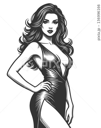 Elegant woman in dress line art raster Elegant woman in dress line art raster 136996166