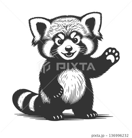 Cute Red Panda Waving Cartoon engraving vector Cute Red Panda Waving Cartoon engraving vector 136996232
