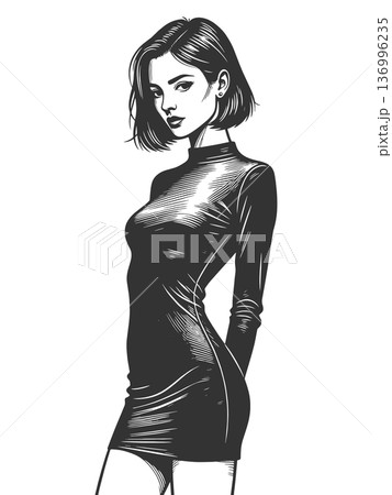 Elegant woman in dress line art vector 136996235