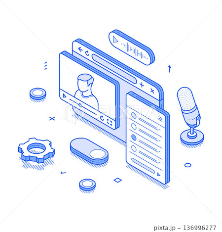 Live streaming setup with tools and icons for modern content creation and interaction 136996277