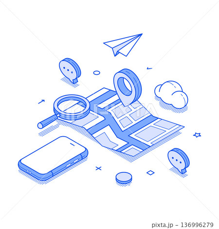 Exploring geolocation with an isometric vector illustration of a modern map and smartphone Exploring geolocation with an isometric vector illustration of a modern map and smartphone 136996279
