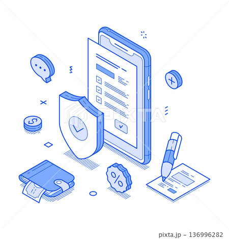 Modern isometric line vector illustration depicting insurance and financial services concepts Modern isometric line vector illustration depicting insurance and financial services concepts 136996282