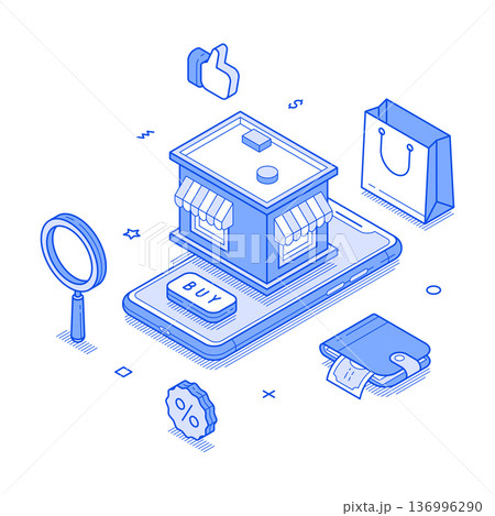 E-commerce concept with mobile shopping and storefront represented in isometric line vector design E-commerce concept with mobile shopping and storefront represented in isometric line vector design 136996290