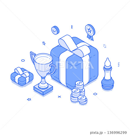 Reward concepts illustrated with isometric line designs featuring trophies and gifts 136996299