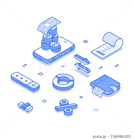 Modern Money Transfer Concept: Smartphone, Coins, and Financial Icons Vector Illustration 136996305