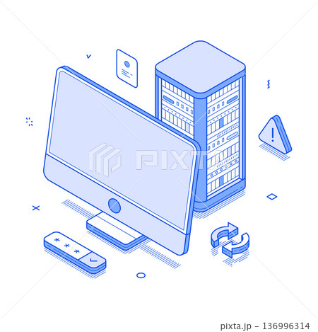 Modern Data Center Infrastructure: Server, Monitor, and IT Elements in Isometric Style 136996314